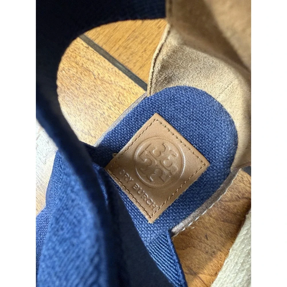 Tory Burch Women's Size 10.5 Navy 50mm Frieda Espadrille Wedge Sandals Stretch